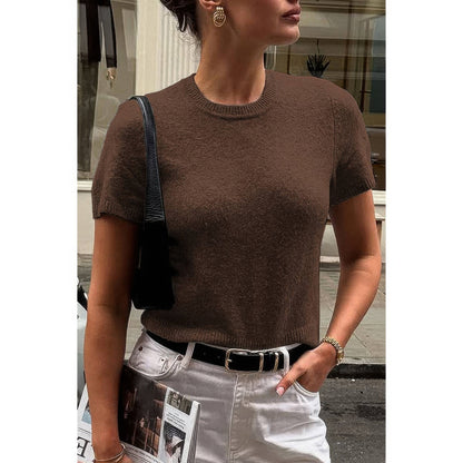 Solid Wool O Neck Knit Short Sleeve Shirt - AMVIM