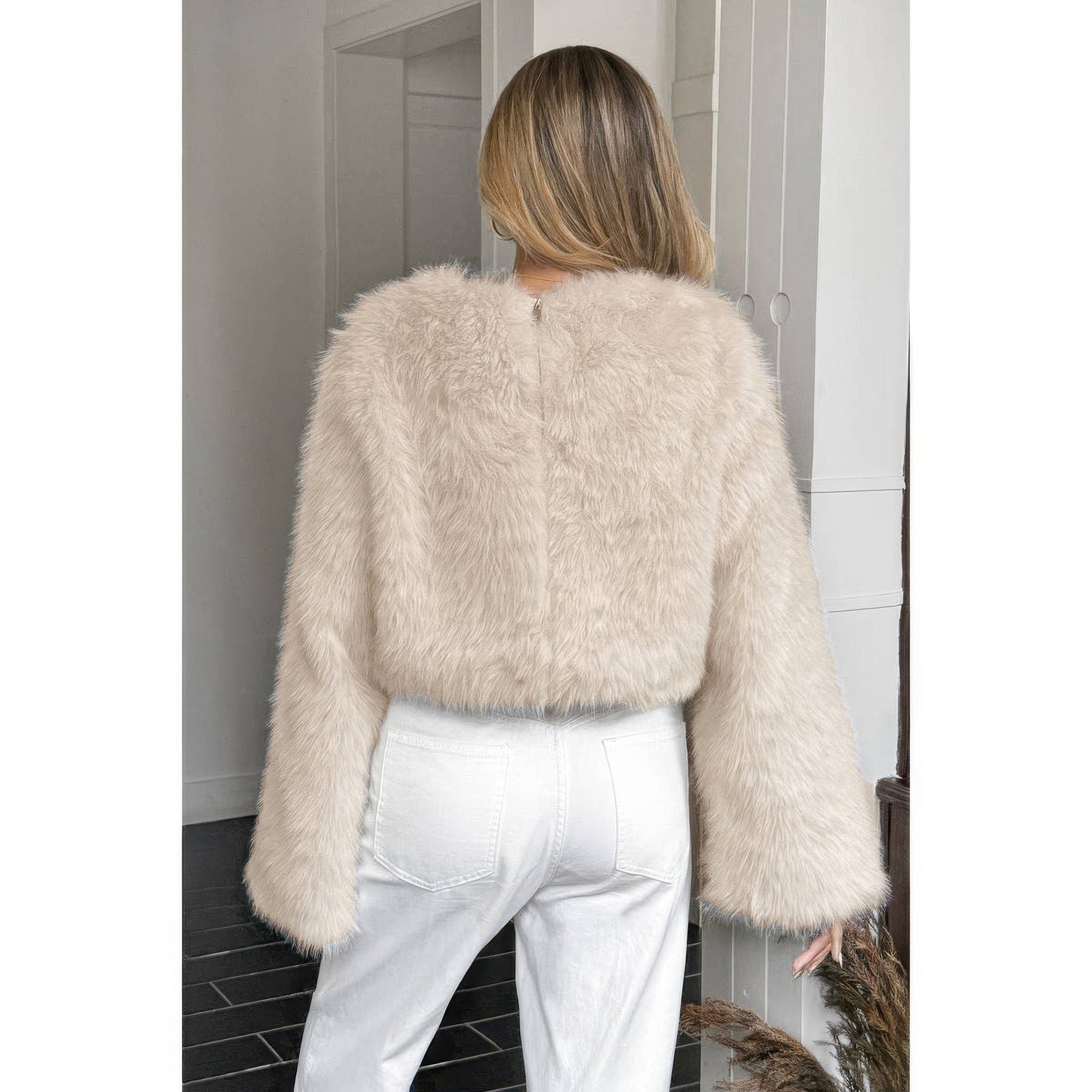 Solid Faux Fur Back Hide Zipper Pullover Coat - AMVIM