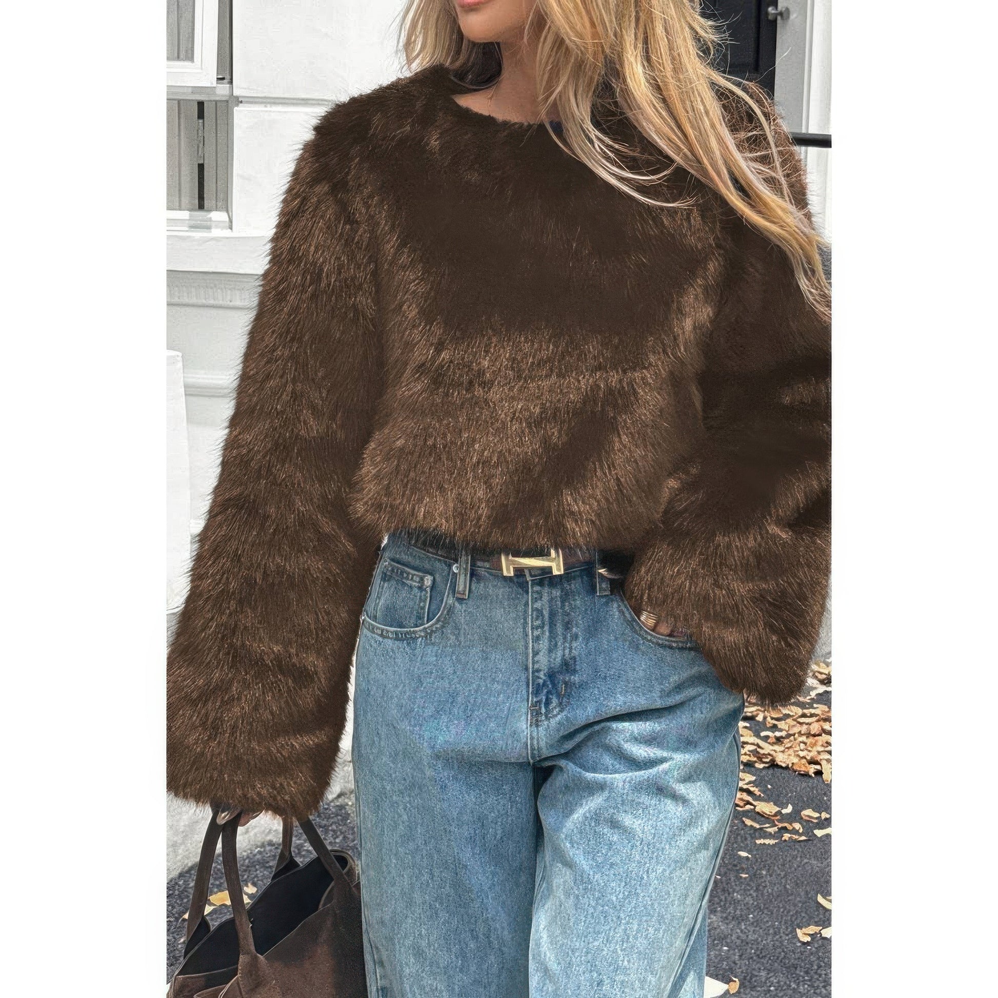 Solid Faux Fur Back Hide Zipper Pullover Coat - AMVIM