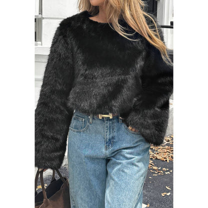 Solid Faux Fur Back Hide Zipper Pullover Coat - AMVIM