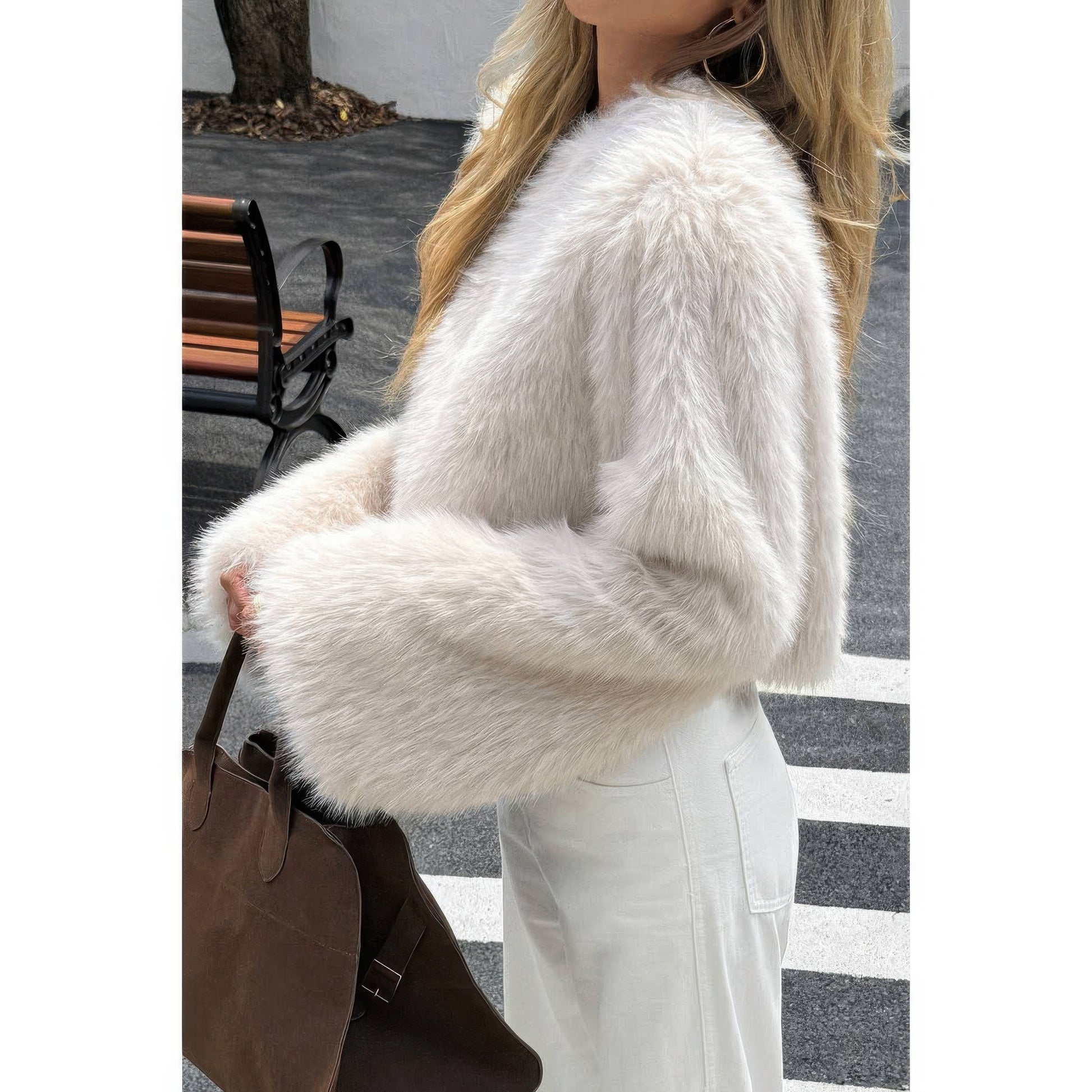 Solid Faux Fur Back Hide Zipper Pullover Coat - AMVIM
