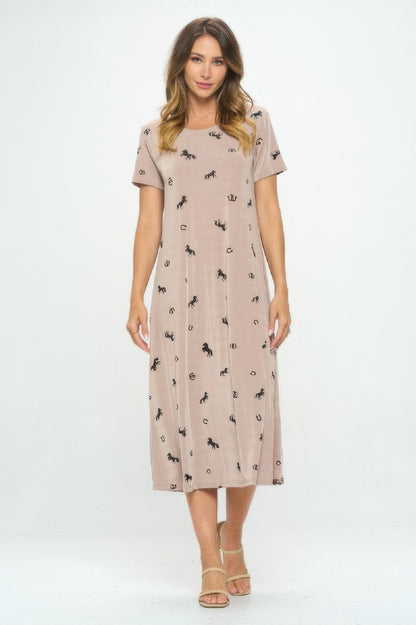AMVIM - Women's Horse Print Long Casual Dress with Scoop Neckline