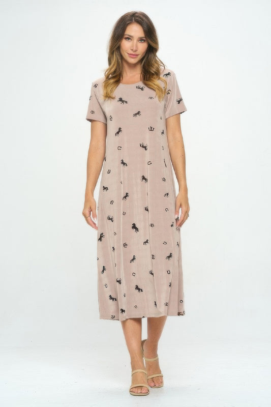 AMVIM - Women's Horse Print Long Casual Dress with Scoop Neckline