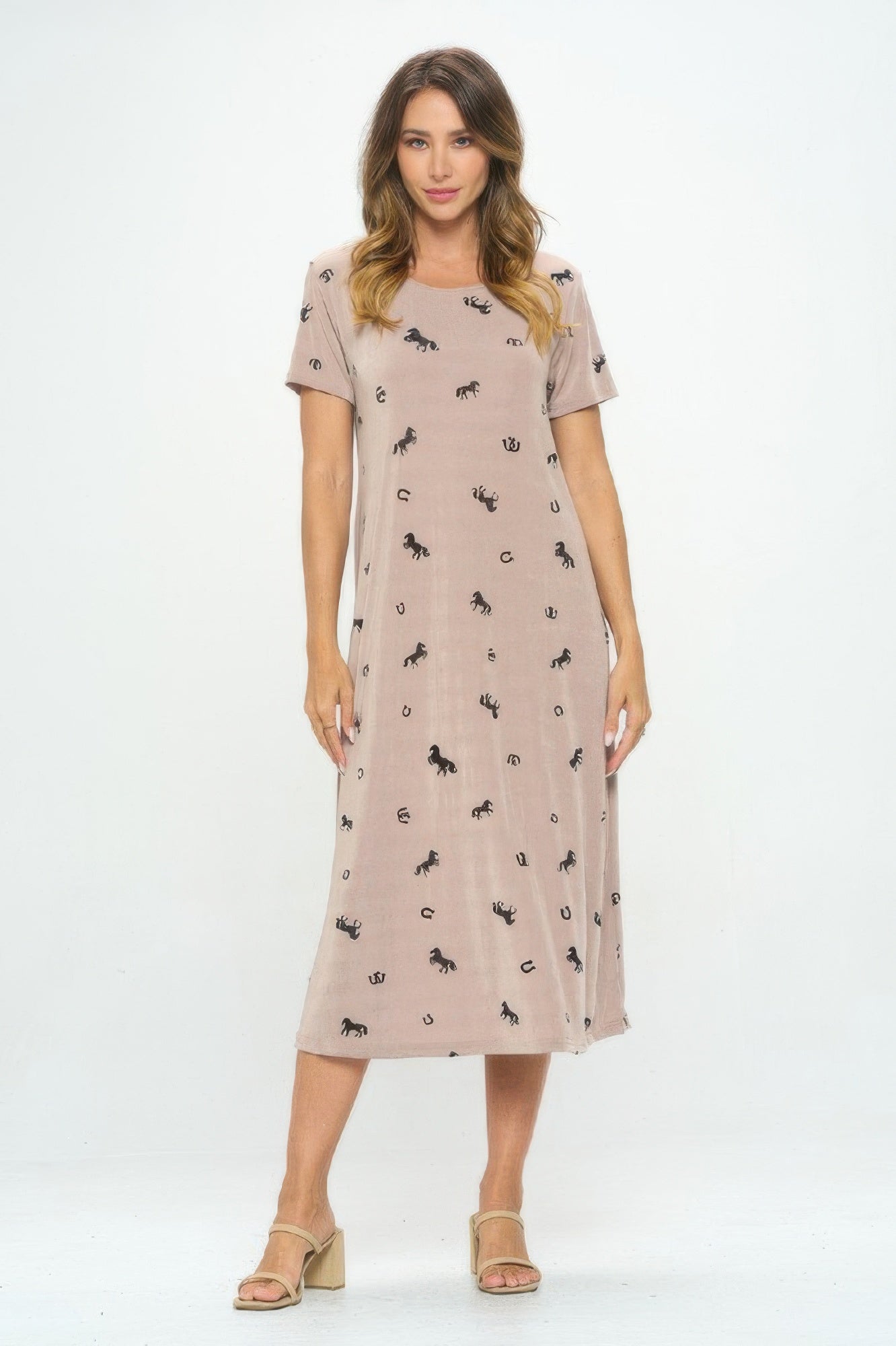 AMVIM - Women's Horse Print Long Casual Dress with Scoop Neckline