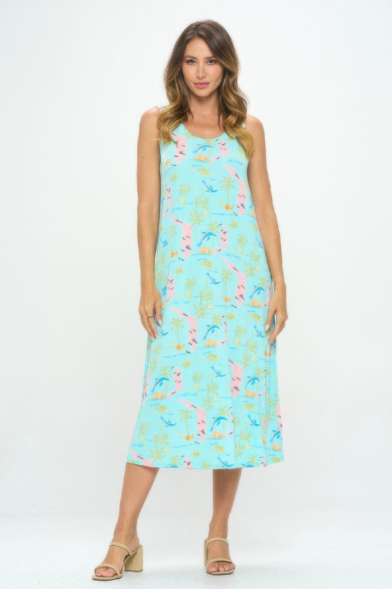 AMVIM - Women's Florida Print Long Tank Dress with Scoop Neckline