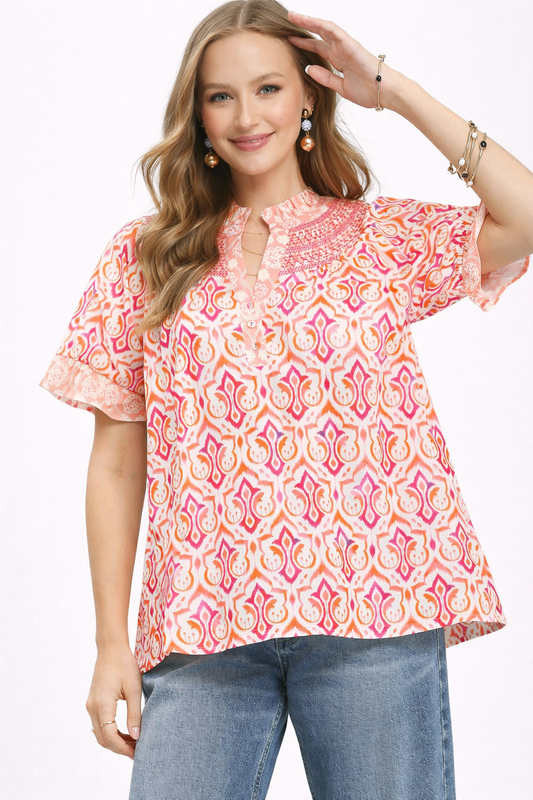 Women's Boho Puff Sleeve Smocked Blouse with Contrast Trim