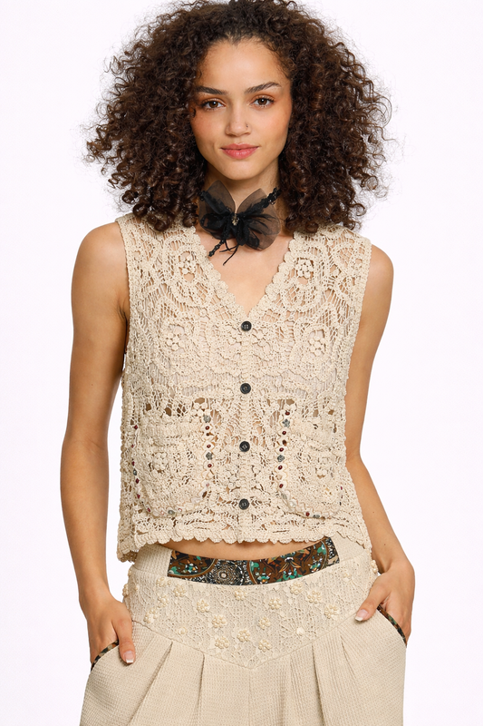 Women's Crochet Button Down Cropped Vest with Scalloped Edge