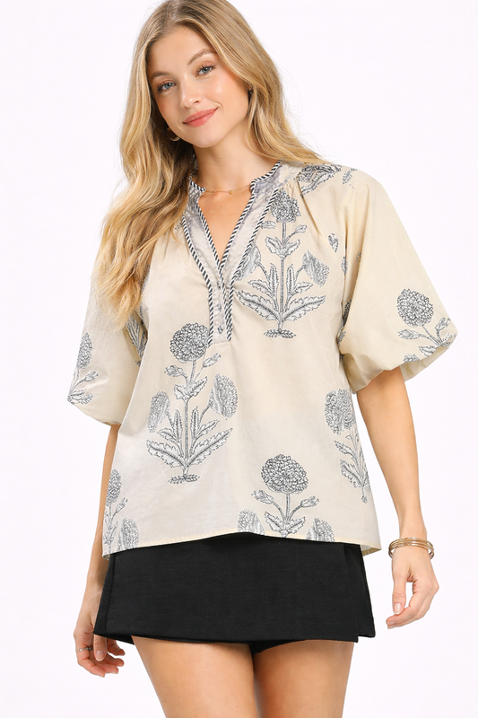 Women's Floral Print V-Neck Blouse with Short Puff Sleeves
