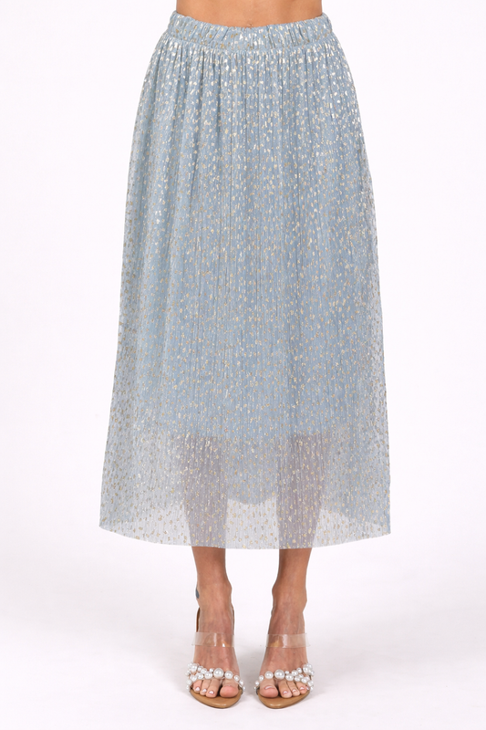 Women's Metallic Glitter Pleated Midi Skirt with Elastic Waistband