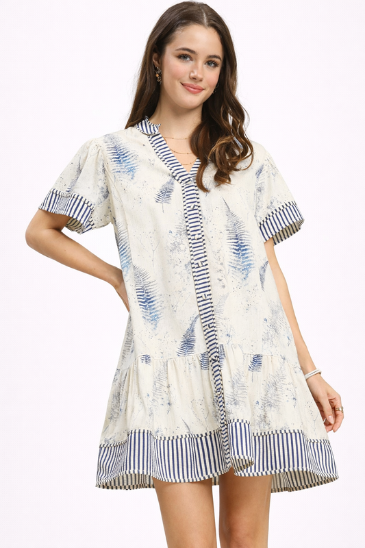 Womens Printed Button-Front Tiered Mini Dress with Pockets