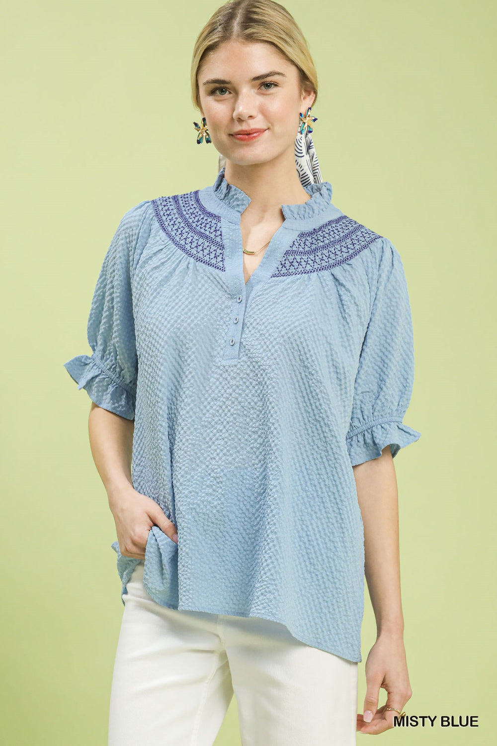 Women's Textured Henley Blouse – Relaxed Fit with Ruffle Cuffs - AMVIM | SKU: 100100263891600, 100100263892788, 100100263893309