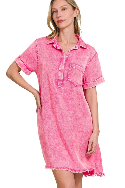 Acid Washed Denim Shirt Dress With Raw Hem, Pocketed Style - AMVIM