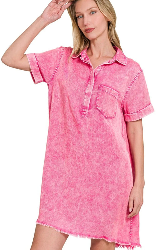 Acid Washed Denim Shirt Dress With Raw Hem, Pocketed Style - AMVIM