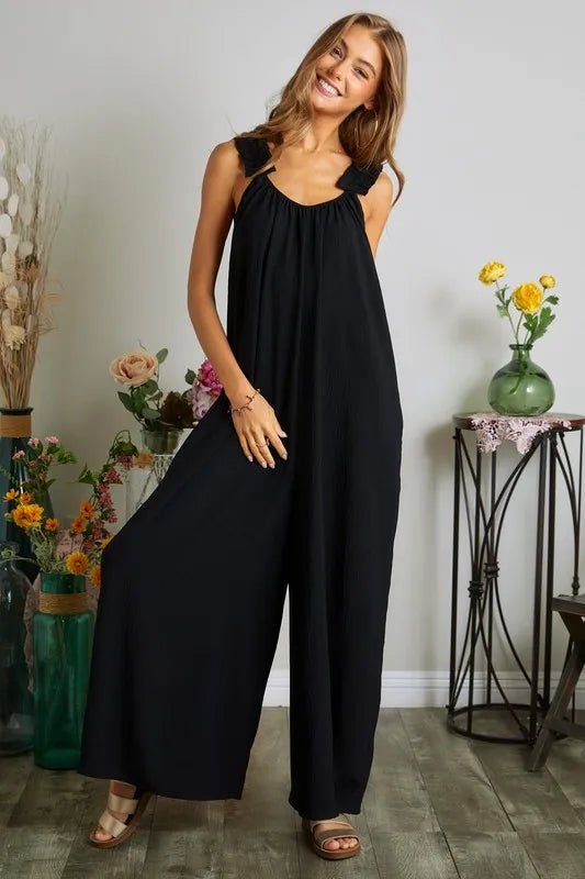 ADORA Full Size Elastic Ruffle Shoulder Jumpsuit Plus Size - AMVIM