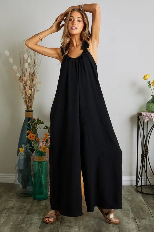 ADORA Full Size Elastic Ruffle Shoulder Jumpsuit Plus Size - AMVIM