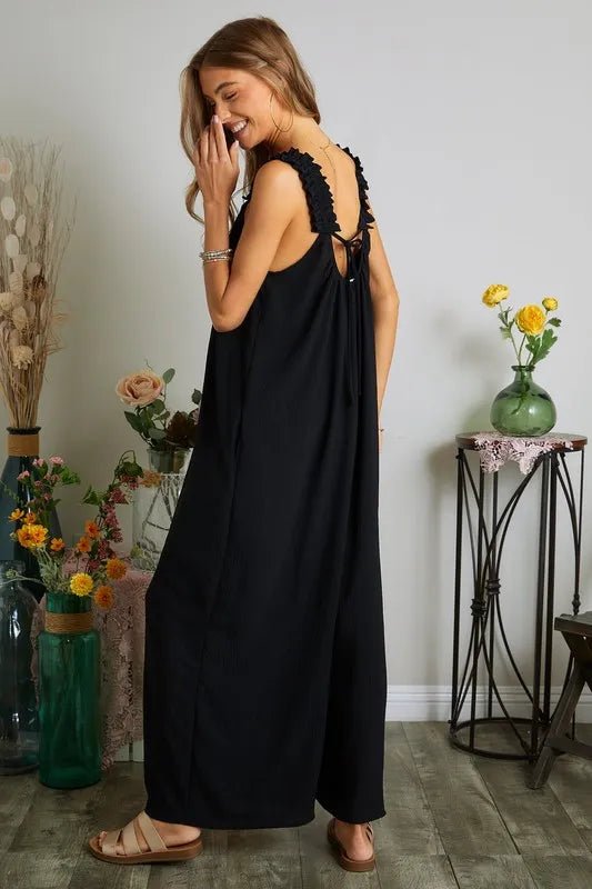ADORA Full Size Elastic Ruffle Shoulder Jumpsuit Plus Size - AMVIM