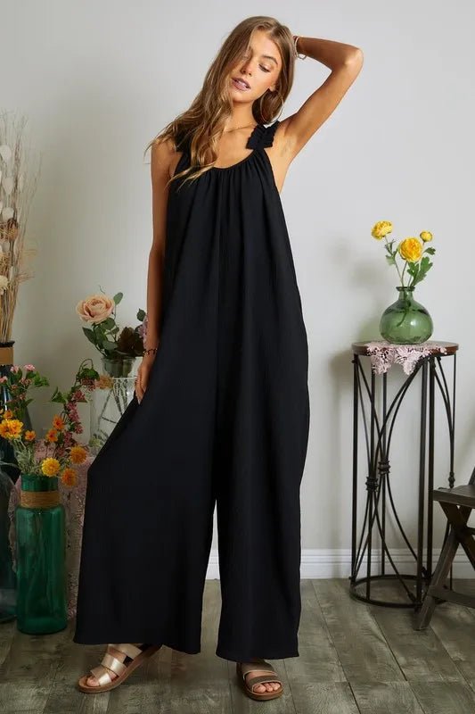 ADORA Full Size Elastic Ruffle Shoulder Jumpsuit Plus Size - AMVIM