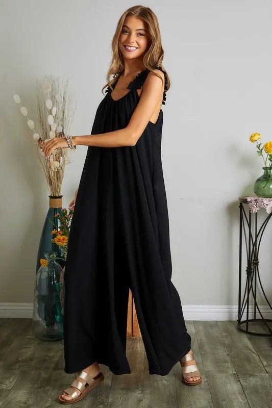 ADORA Full Size Elastic Ruffle Shoulder Jumpsuit Plus Size - AMVIM