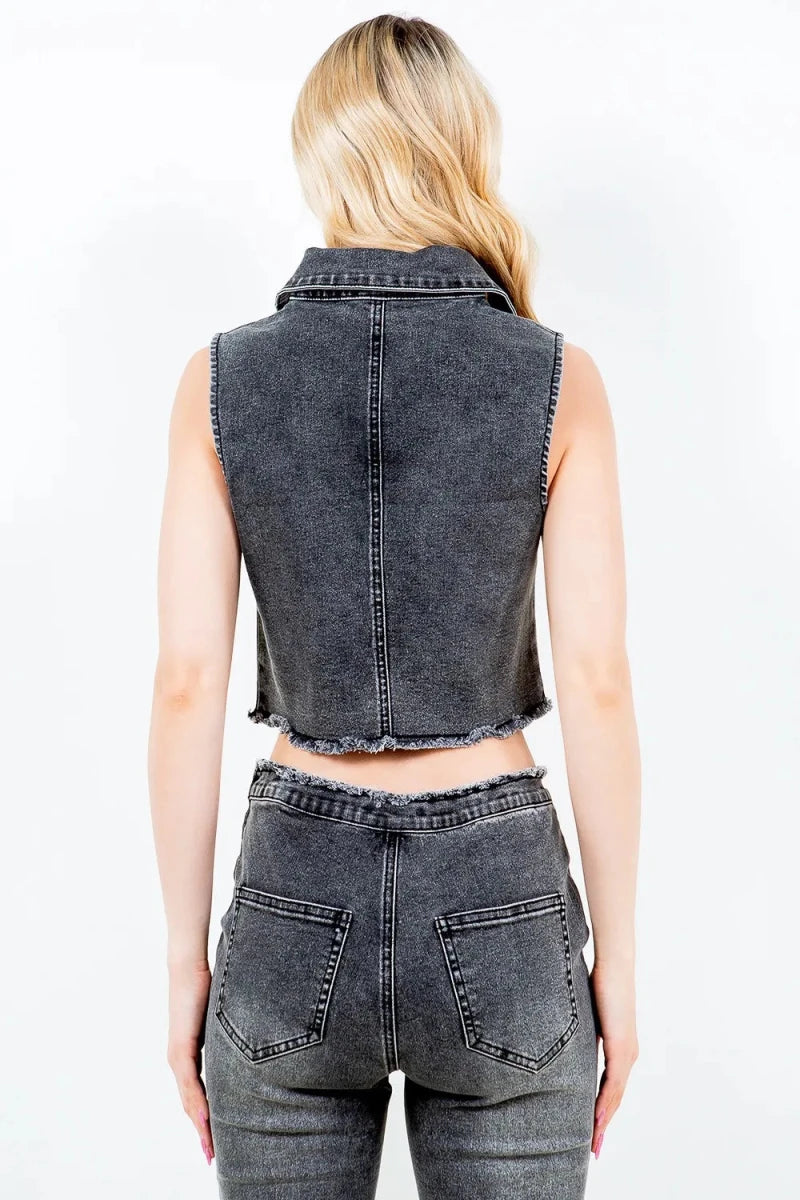 American Bazi Zip-Up Washed Crop Denim Vest - AMVIM