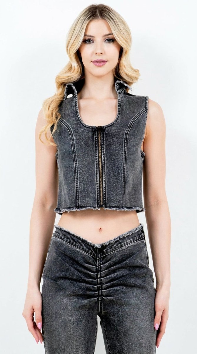 American Bazi Zip-Up Washed Crop Denim Vest - AMVIM