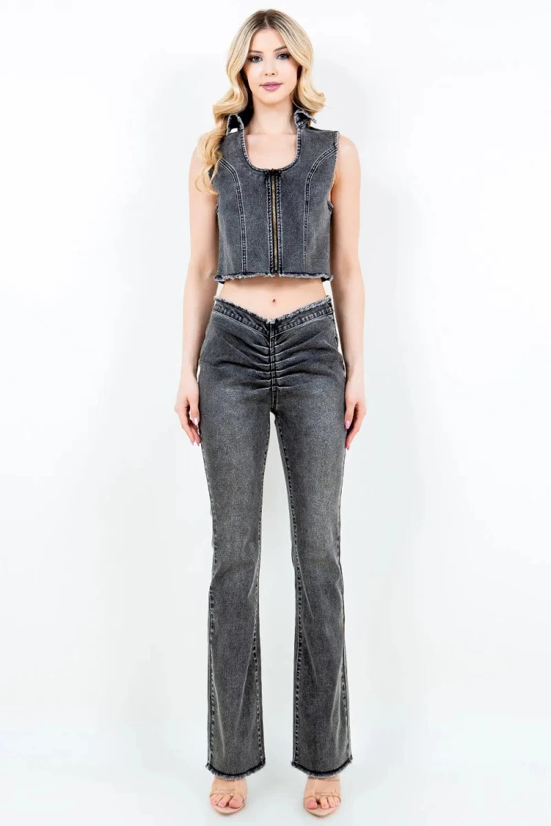 American Bazi Zip-Up Washed Crop Denim Vest - AMVIM