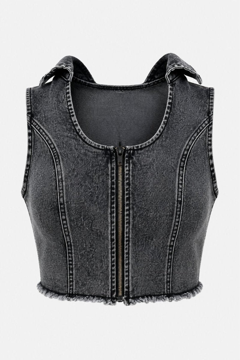 American Bazi Zip-Up Washed Crop Denim Vest - AMVIM