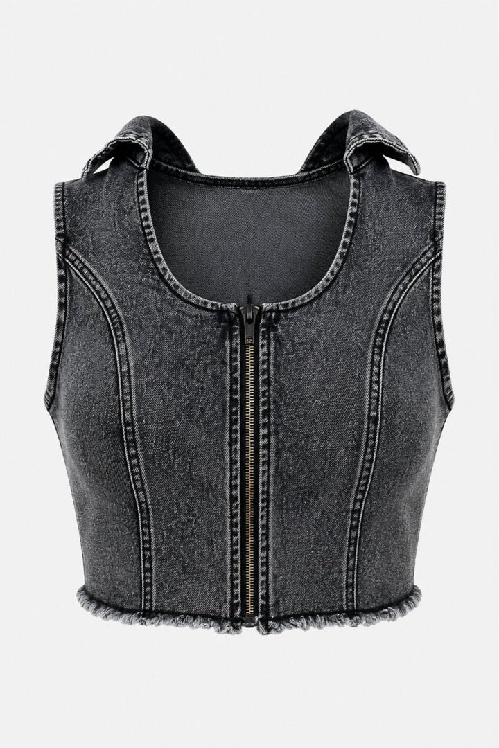 American Bazi Zip-Up Washed Crop Denim Vest - AMVIM