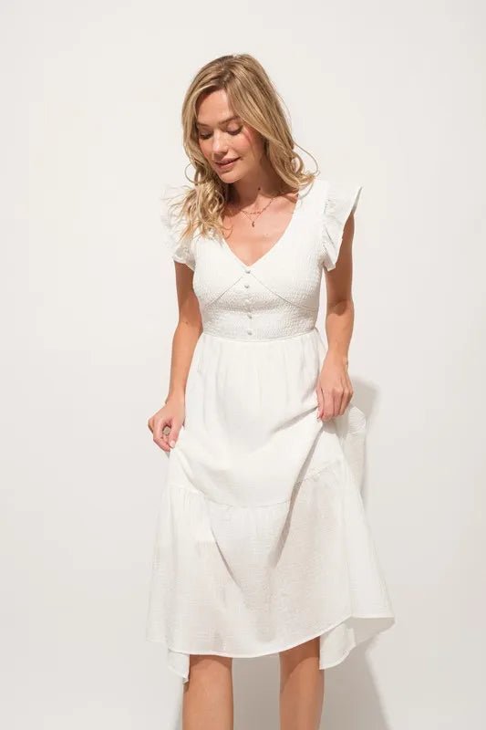 And The Why Ruffle Sleeve Front Smocked Tiered Midi Dress - AMVIM