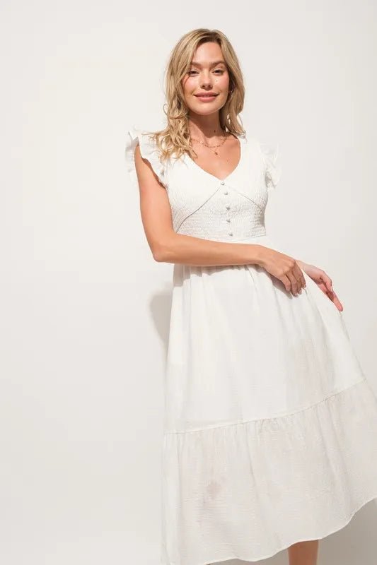 And The Why Ruffle Sleeve Front Smocked Tiered Midi Dress - AMVIM