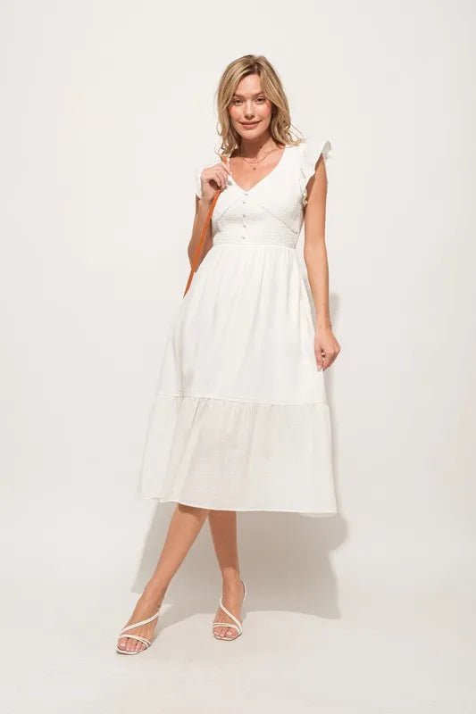 And The Why Ruffle Sleeve Front Smocked Tiered Midi Dress - AMVIM