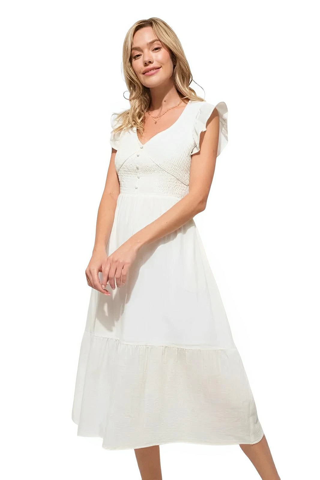 And The Why Ruffle Sleeve Front Smocked Tiered Midi Dress - AMVIM