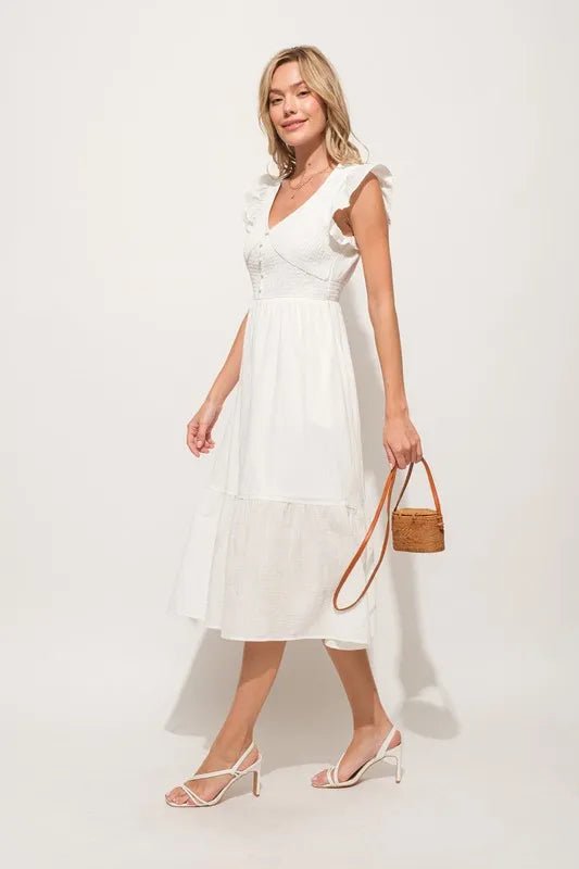 And The Why Ruffle Sleeve Front Smocked Tiered Midi Dress - AMVIM