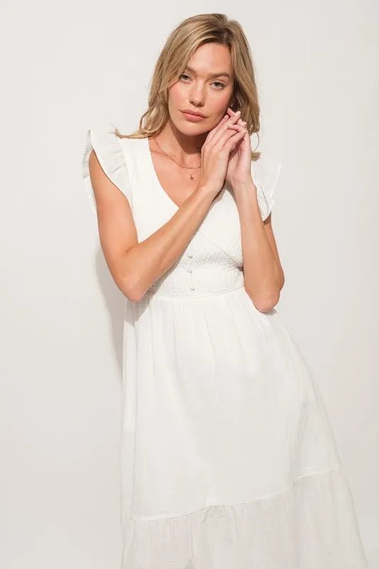 And The Why Ruffle Sleeve Front Smocked Tiered Midi Dress - AMVIM