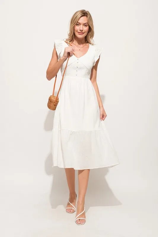 And The Why Ruffle Sleeve Front Smocked Tiered Midi Dress - AMVIM