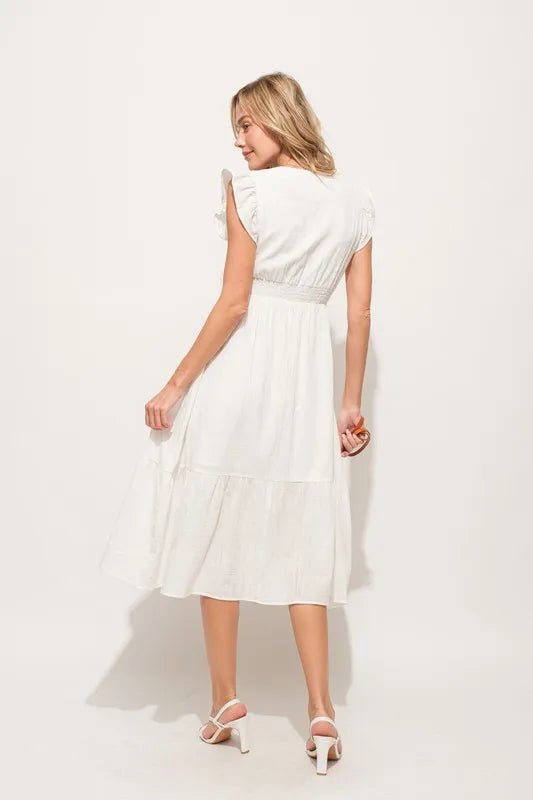 And The Why Ruffle Sleeve Front Smocked Tiered Midi Dress - AMVIM