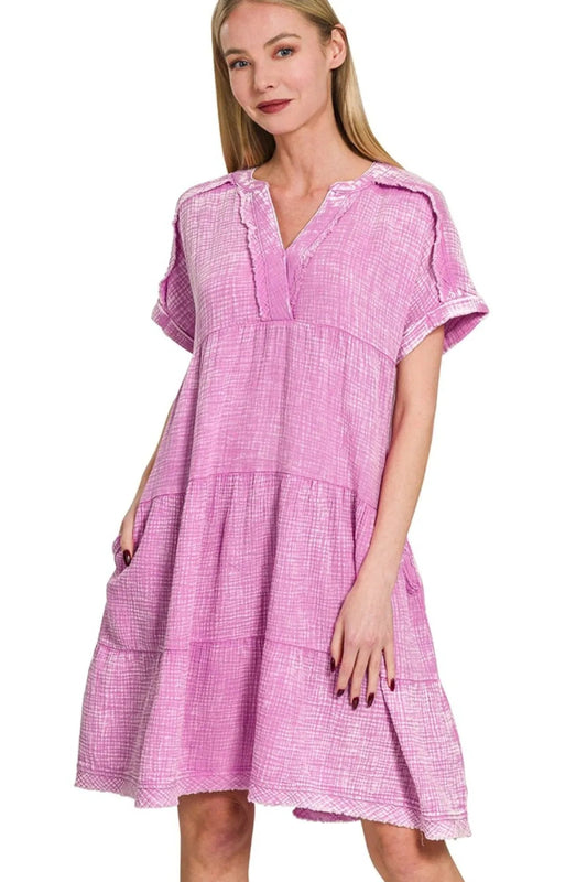 Babydoll cotton dress with pockets and tiered silhouette - AMVIM