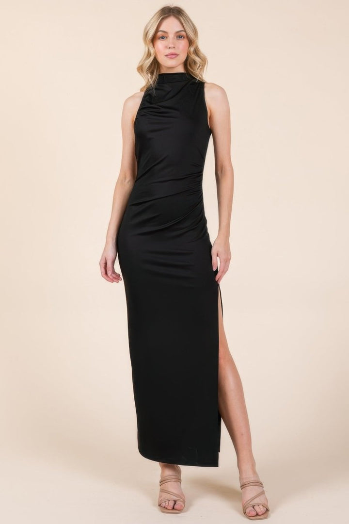 Back Cut Out Side Shirring Side Slit Maxi Dress - AMVIM