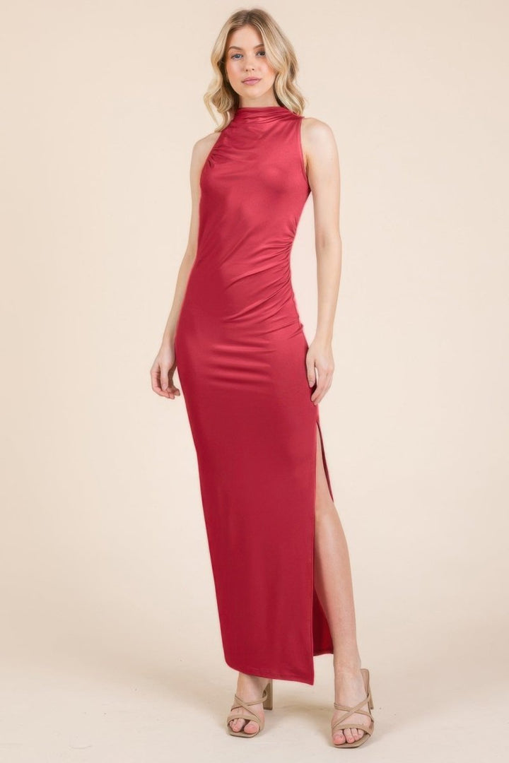Back Cut Out Side Shirring Side Slit Maxi Dress - AMVIM