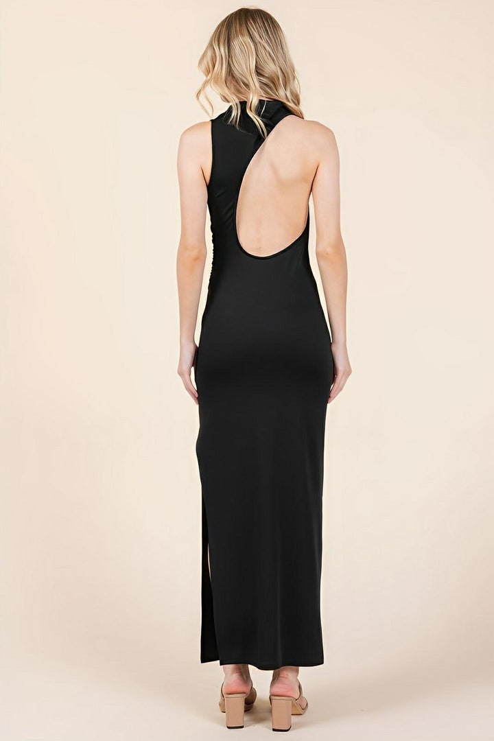 Back Cut Out Side Shirring Side Slit Maxi Dress - AMVIM
