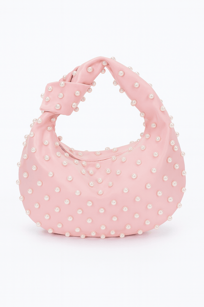 Bag Satin Pearl‑Studded Compact Shoulder Bag – Pink Satin - AMVIM