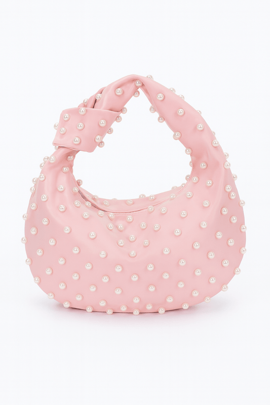 Bag Satin Pearl‑Studded Compact Shoulder Bag – Pink Satin - AMVIM
