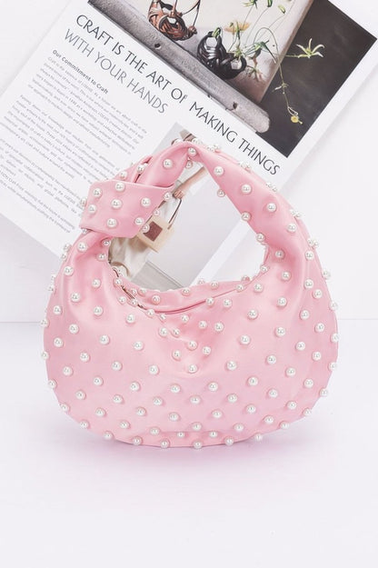 Bag Satin Pearl‑Studded Compact Shoulder Bag – Pink Satin - AMVIM