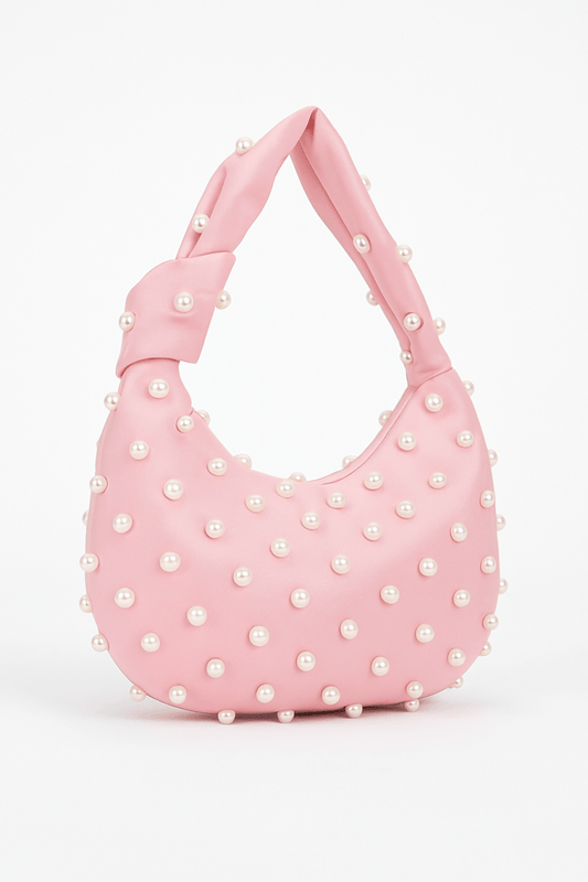 Bag Satin Pearl‑Studded Compact Shoulder Bag – Pink Satin - AMVIM