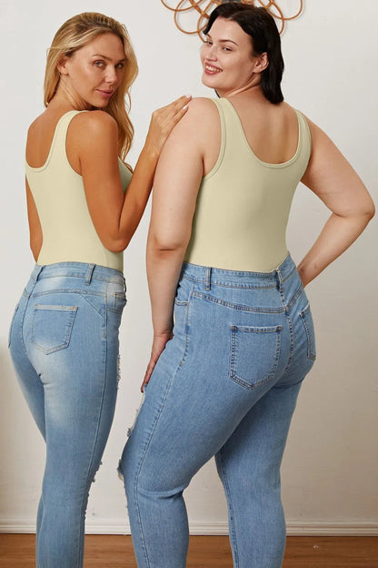 Basic Sleeveless Square Neck Full Bodysuit - AMVIM
