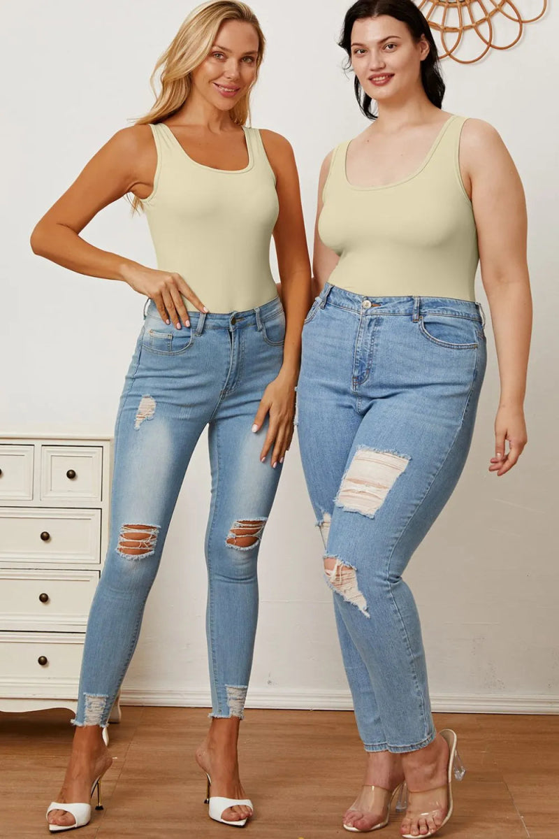 Basic Sleeveless Square Neck Full Bodysuit - AMVIM