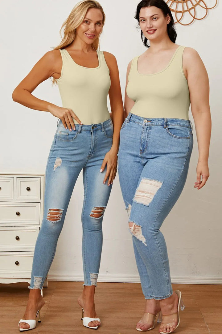 Basic Sleeveless Square Neck Full Bodysuit - AMVIM