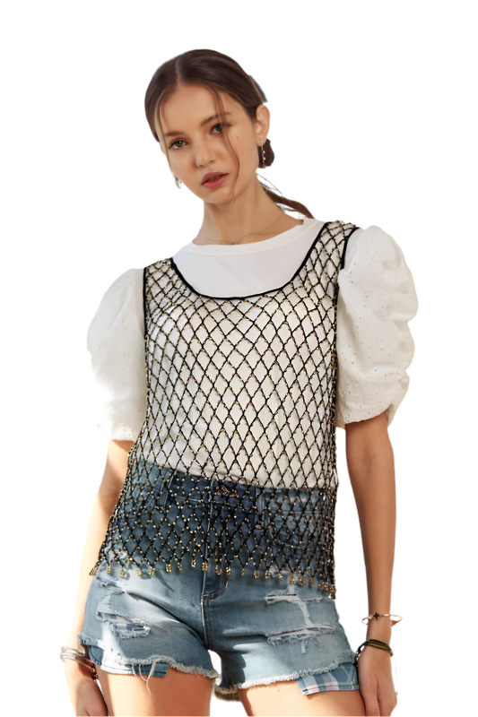 Beaded Fishnet Tank Top Statement Layer for Bold Looks - AMVIM