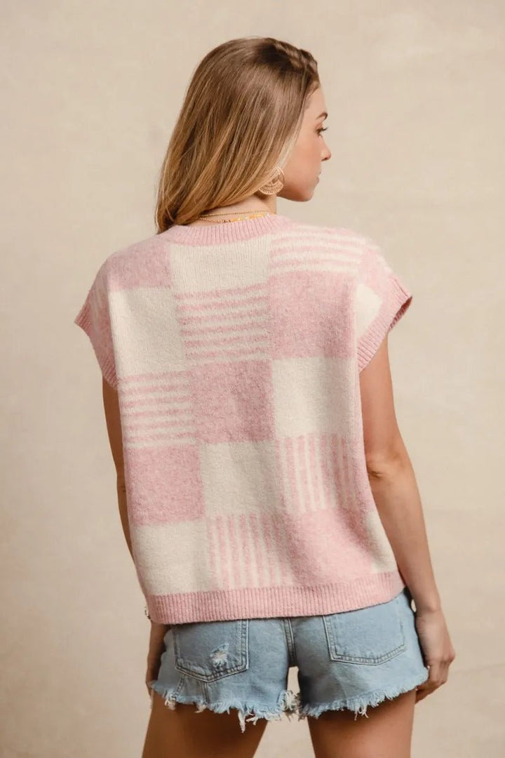 BiBi Checker With Stripes Pattern Sleeveless Sweater - AMVIM