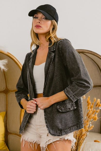 BiBi Single Breasted Washed Denim Blazer - AMVIM