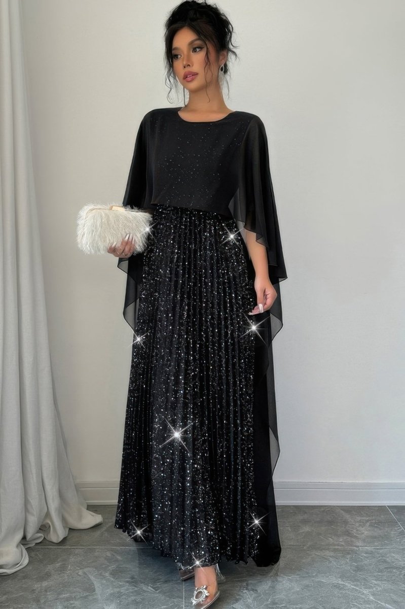 Black Elegant Sequin Satin Pleated Long Maxi Dress - Women&